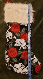 Gothic Skulls & Roses 18" Halloween Theme Christmas Stocking w White Fur Trim